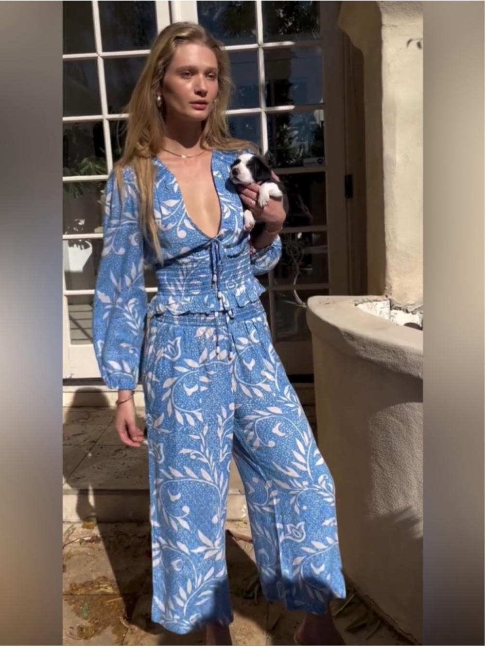 Band of The Free Blue Floral Tie-Front Wide-Leg Pants